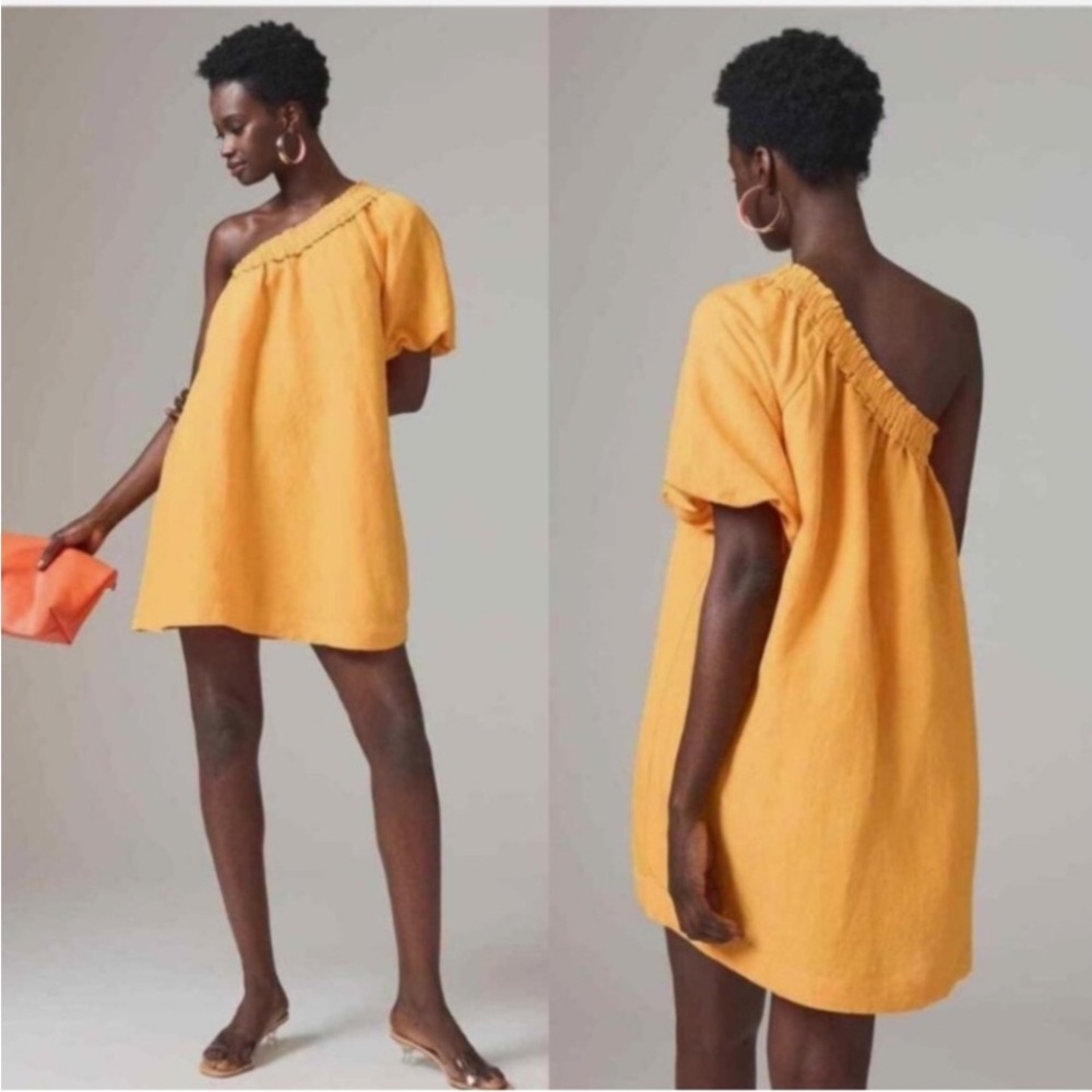 Anthropologie One-Shoulder Linen Blend Mango Mini Dress, Size XL, NWT - Picture 3 of 13